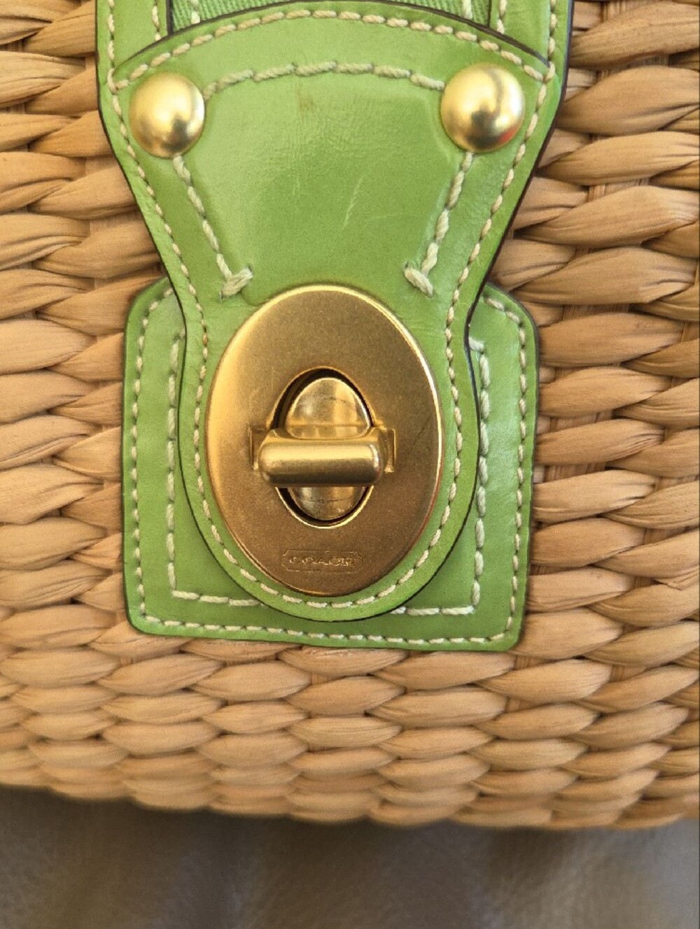 Coach Legacy Woven Straw Basket Tote With Green Trim - Picture 13 of 16